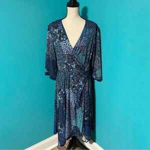 Perceptions New York XL Blue Green Floral Print Gathered V-Neck 3/4 Sleeve Dress